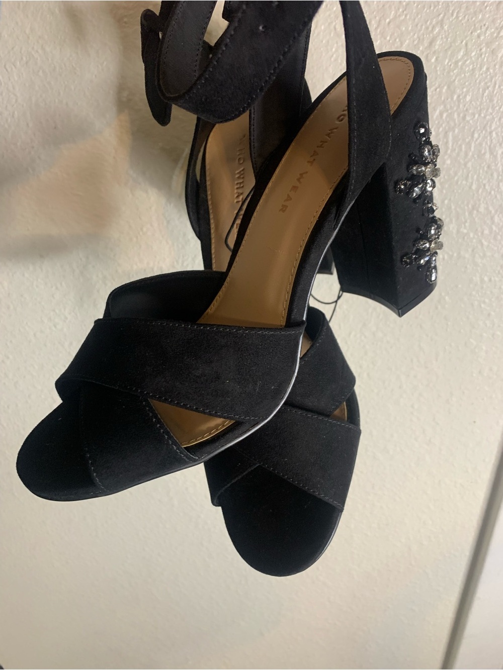 Who What Wear Black Suede Crystal-Embellished Block Heel Sandals